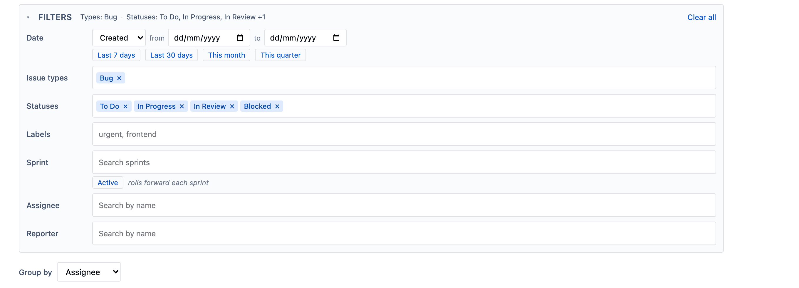 The expanded filters panel with date presets, issue type and status chips, and typeahead fields for sprint, assignee and reporter.