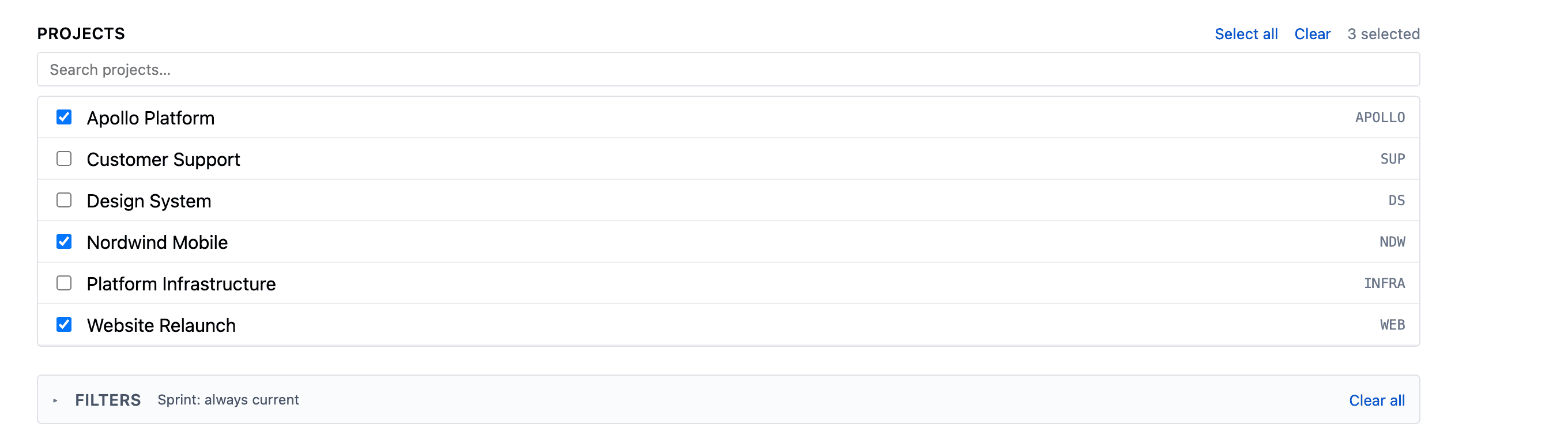 The project picker listing six Jira projects with three selected, above a collapsed filters bar.
